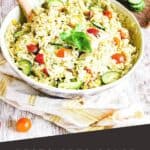 Pinterest graphic for pesto orzo salad with summer vegetables.