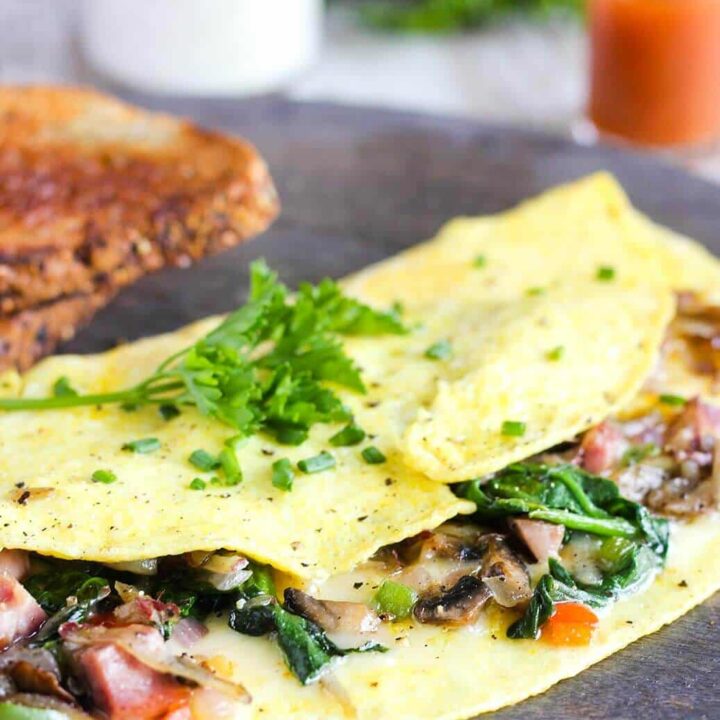 Close-up of loaded omelette.