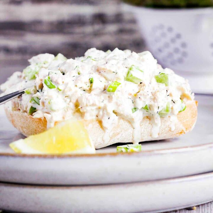 A slice of bread topped with dill tuna salad with lemon.