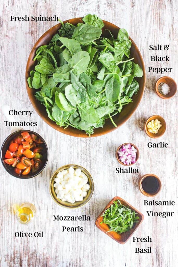 Ingredients for spinach caprese salad (see recipe card).