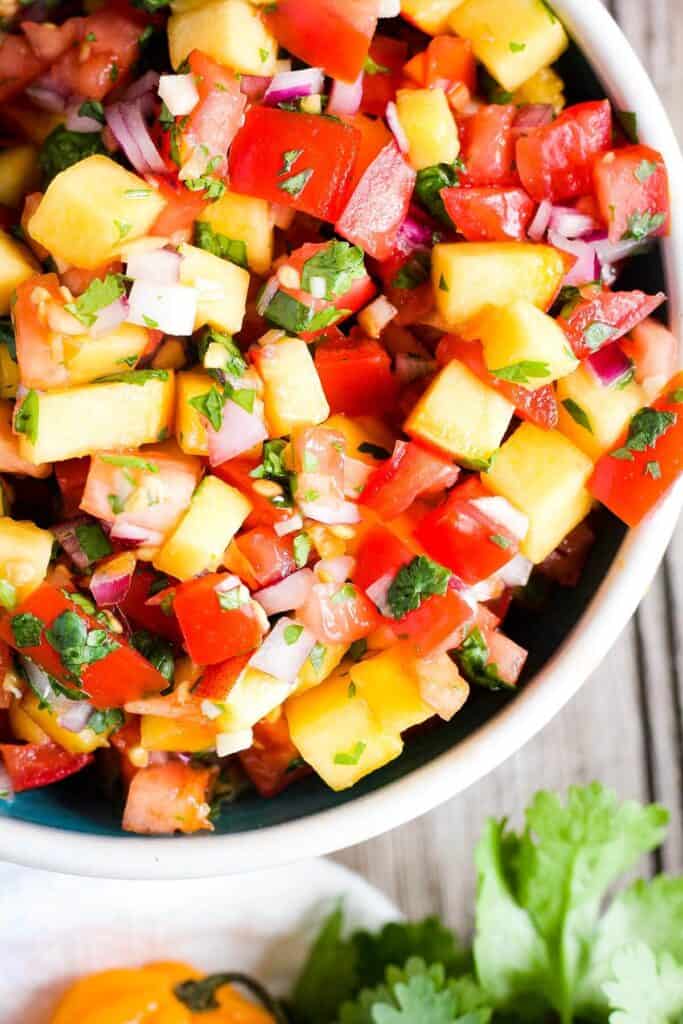 Close-up of fruit salsa in a bowl.