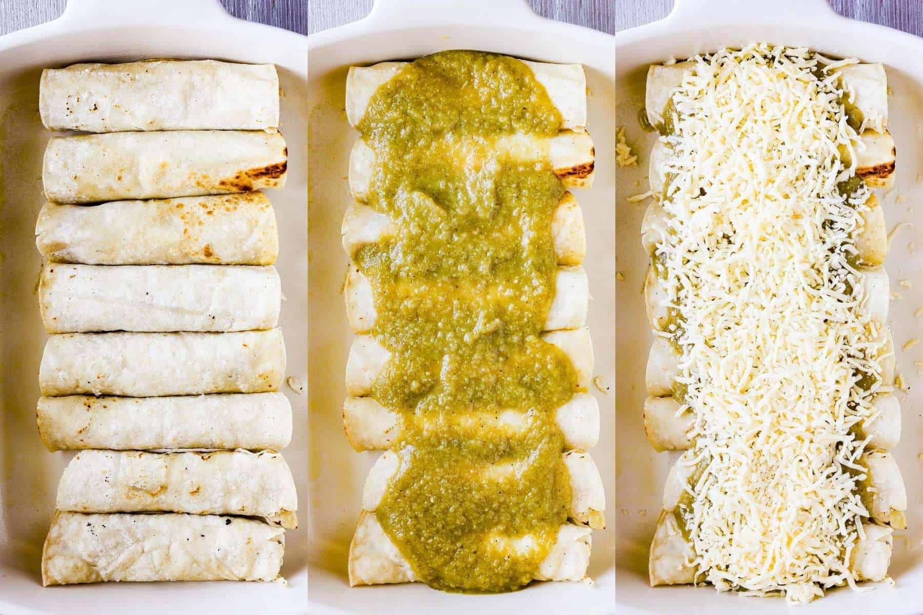 Three stages of enchilada assembly.