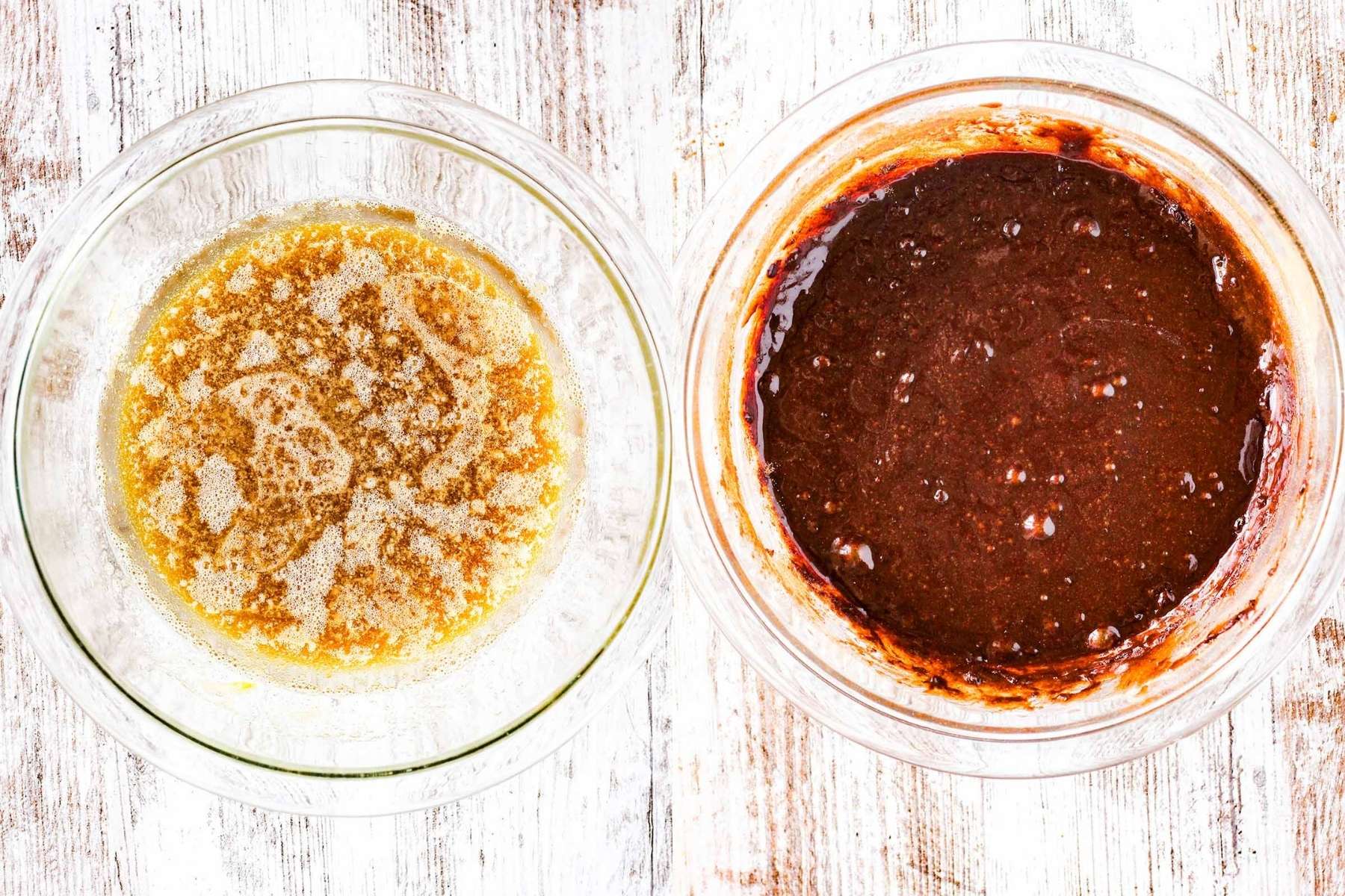 Two stages of brownie batter.
