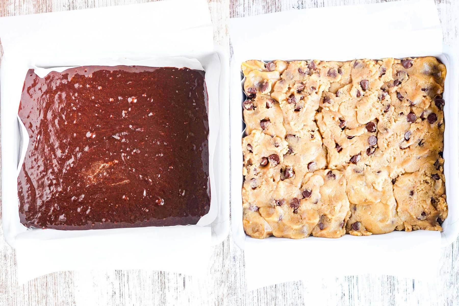 Side by side of brownie layer and chocolate chip cookie layer.