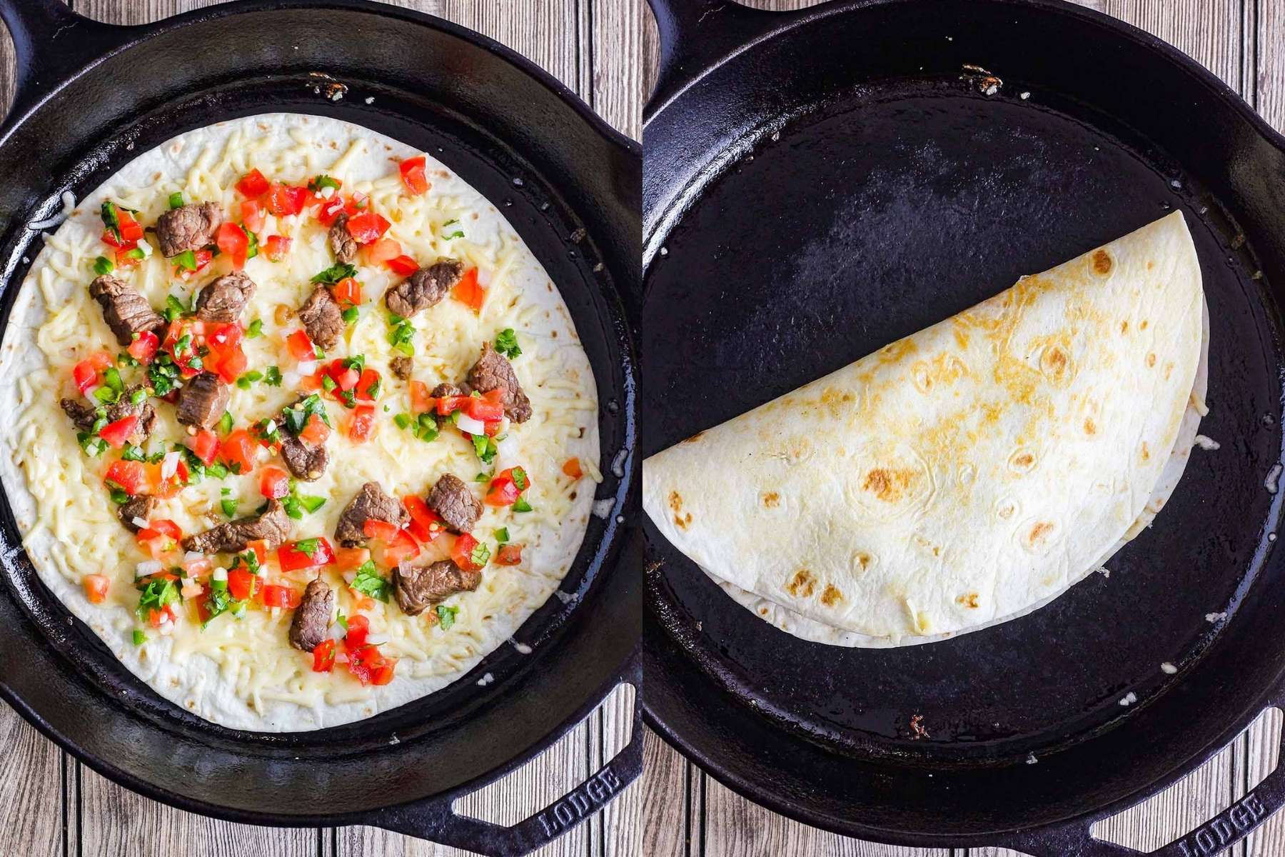 Two stages of quesadilla cooking.