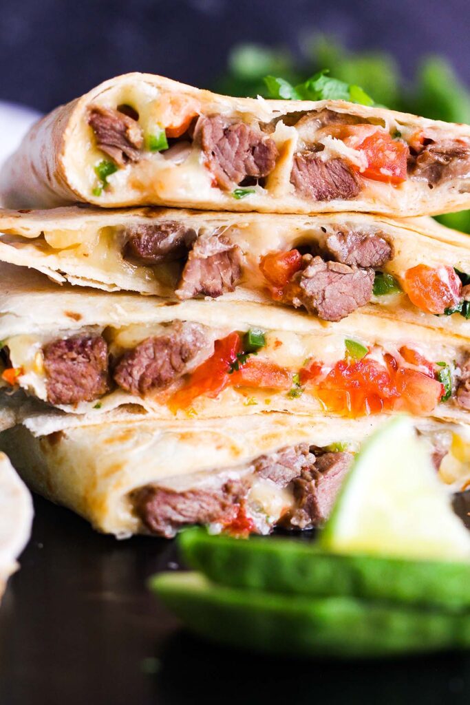 Close up of stack of steak quesadillas.