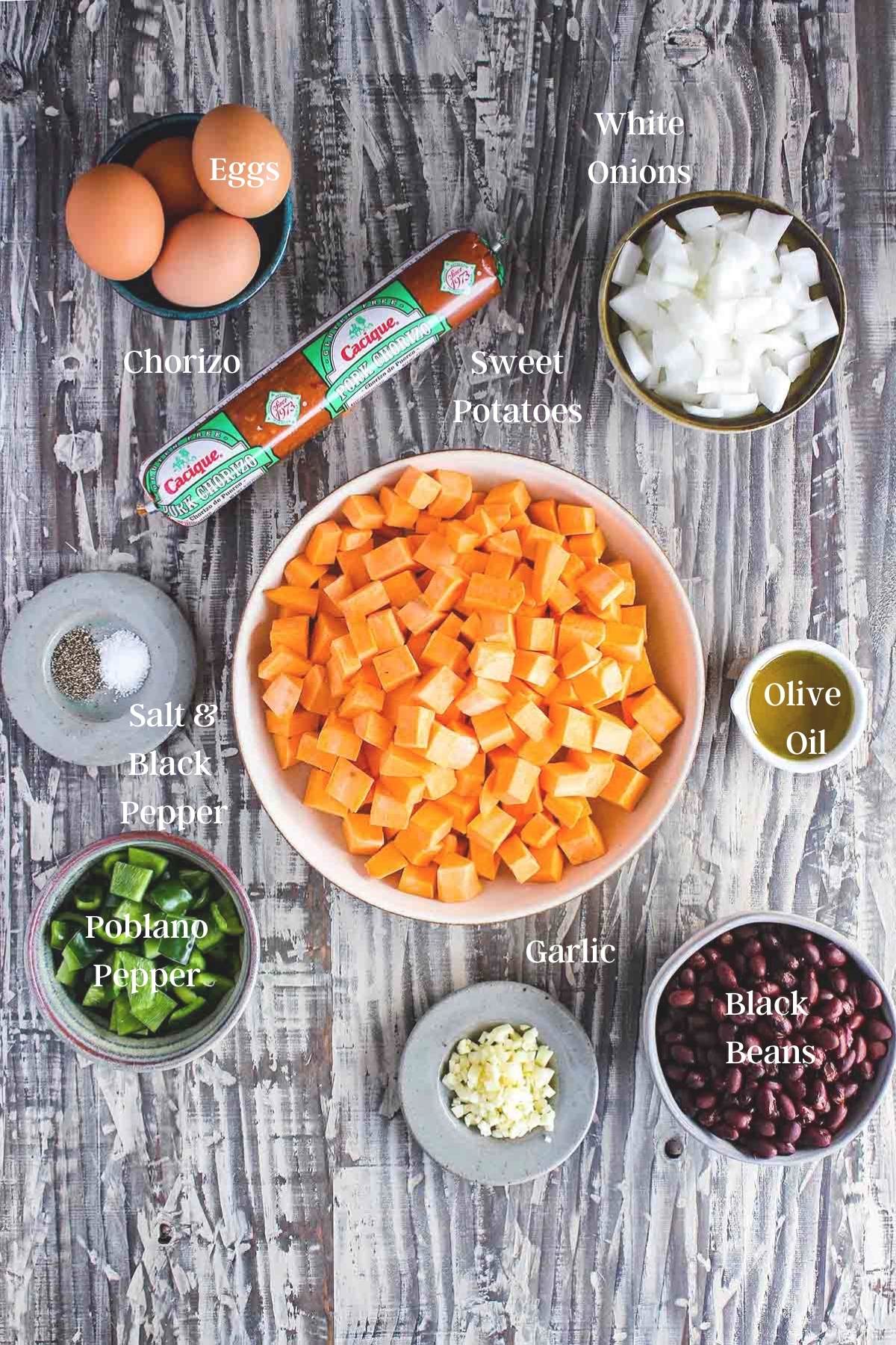 Ingredients for sweet potato chorizo hash (see recipe card).
