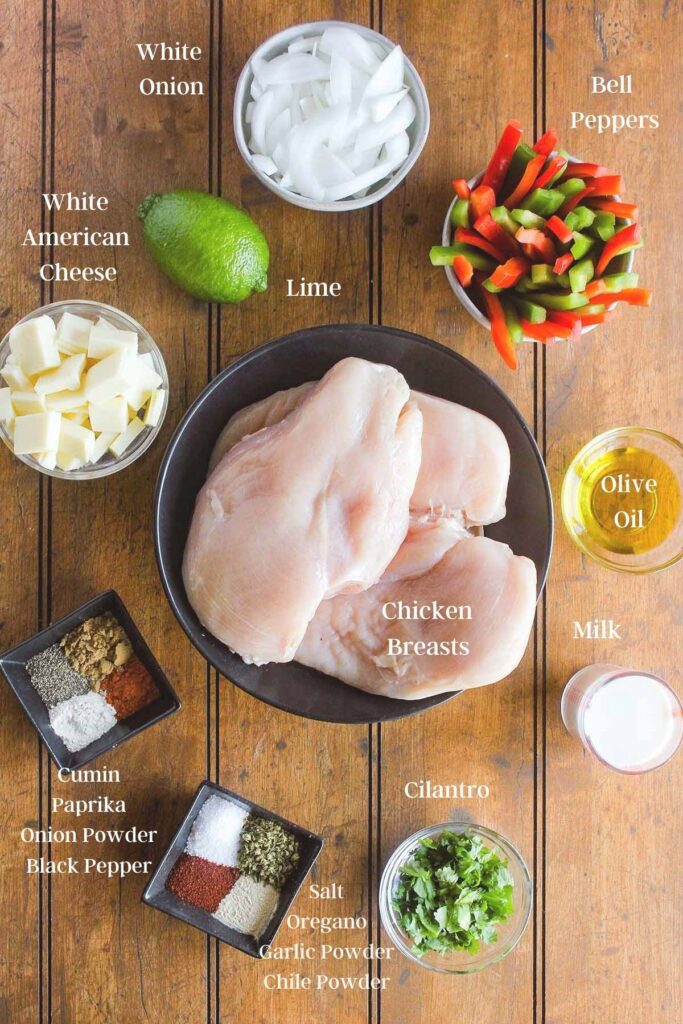 Ingredients for fajita stuffed chicken breasts with cheese sauce (see recipe card).