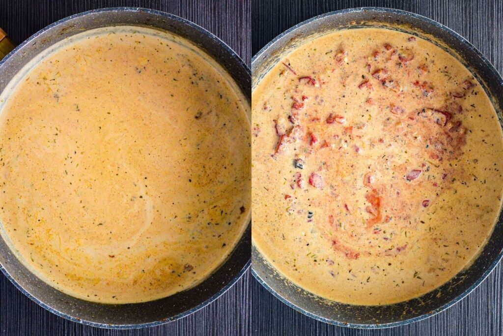 Spicy cajun alfredo sauce before and after adding fire roasted tomatoes.