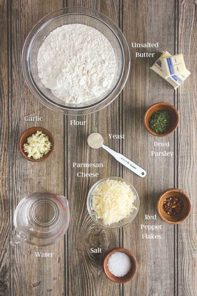 Ingredients for garlic parmesan bread bites (see recipe card).