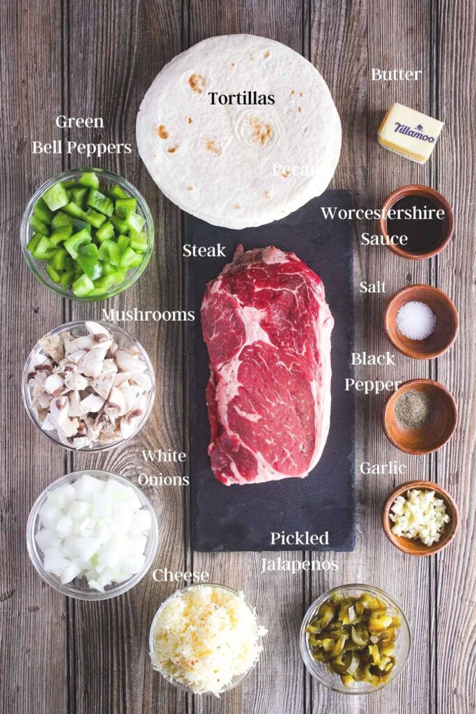 Ingredients for philly cheesesteak tacos (see recipe card).