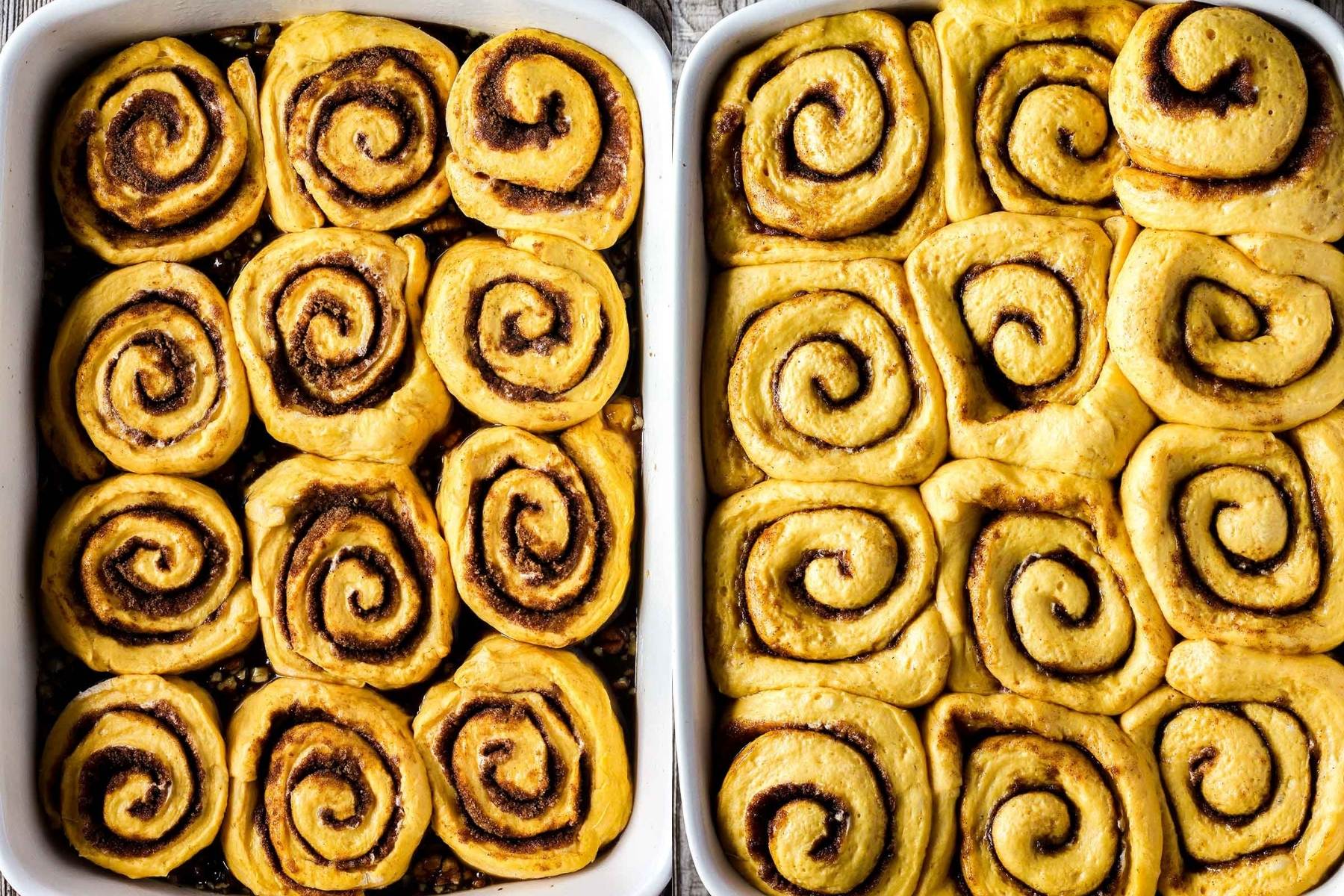 Rolls in baking dish before and after rising.