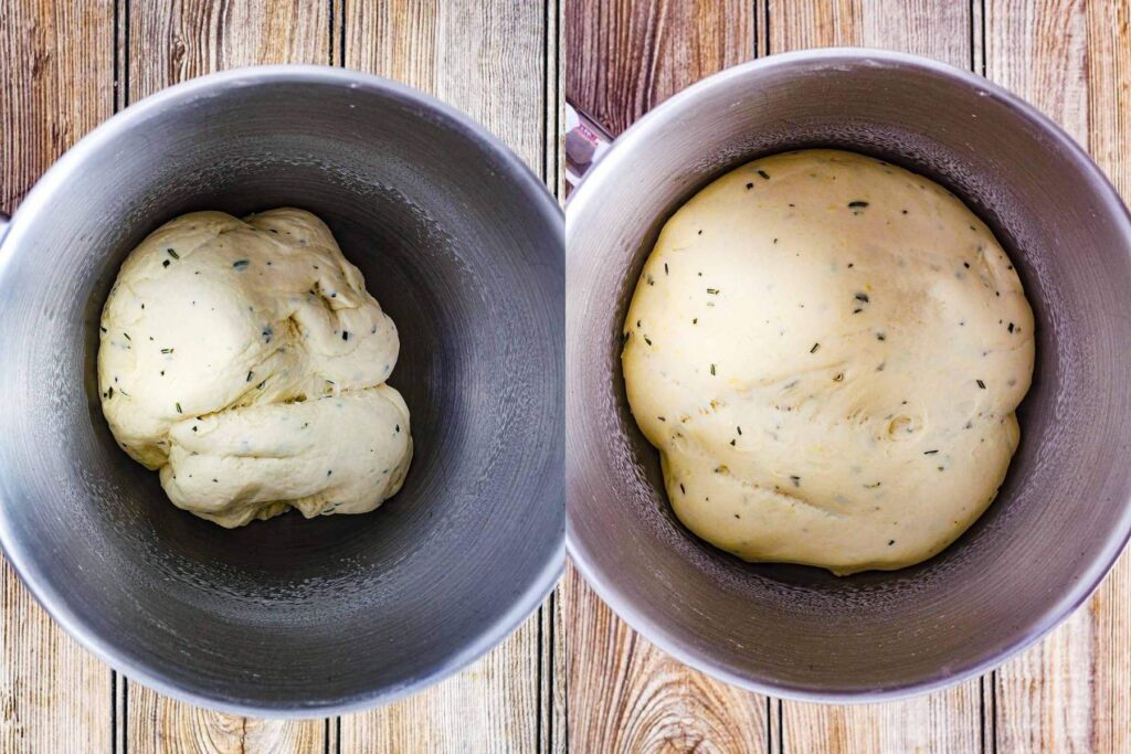 Bread dough in mixing bowl before and after rising.