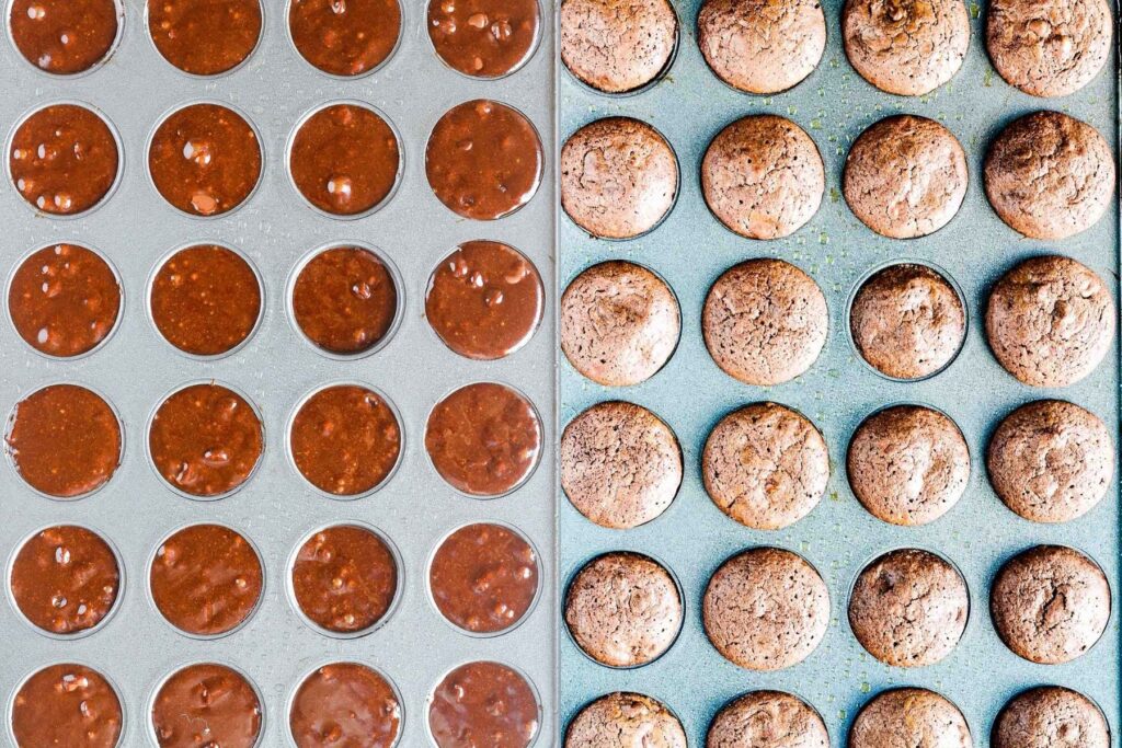Brownie bites in muffin pan before and after baking.