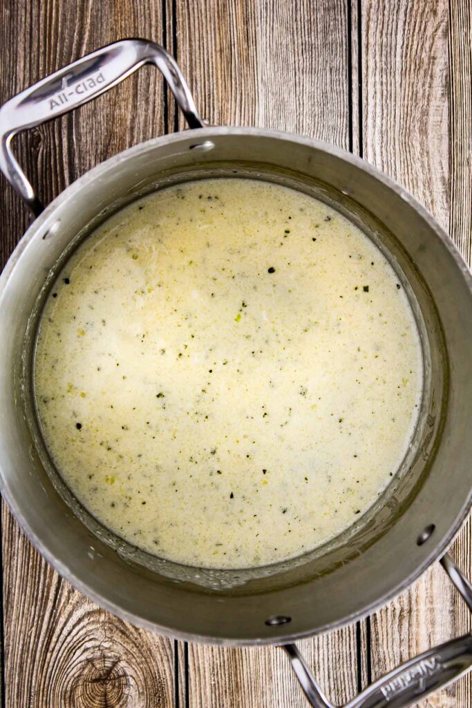 Cheese sauce in a stock pot.