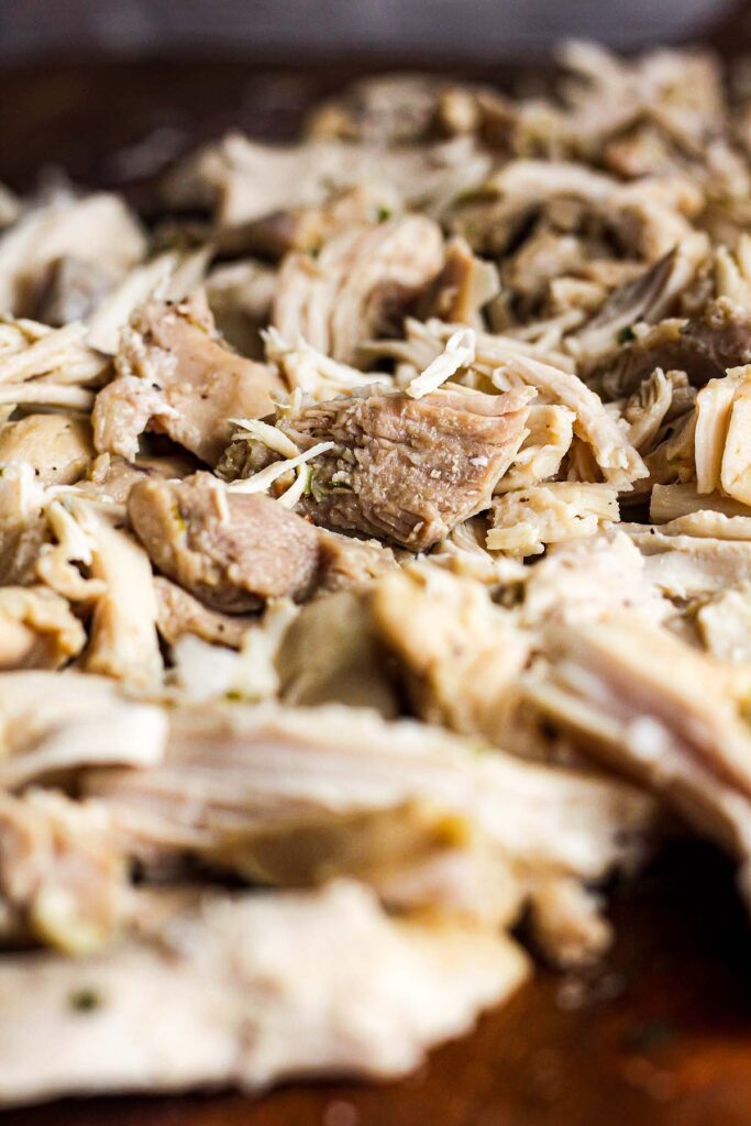 Close-up of shredded chicken.