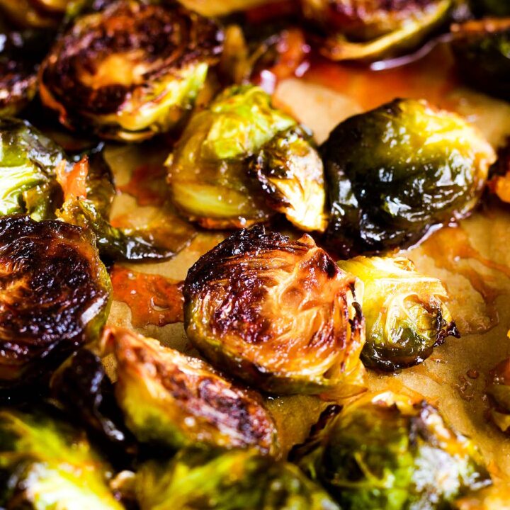 Close up of sriracha honey Brussels sprouts.