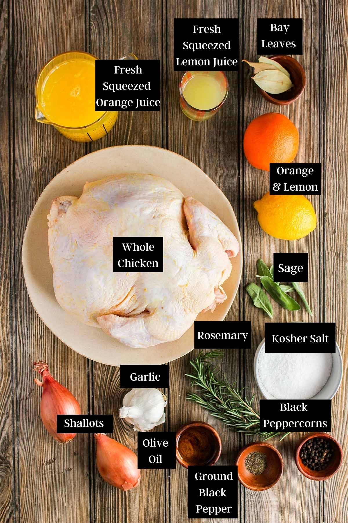 Ingredients for roast orange brined chicken (see recipe card).
