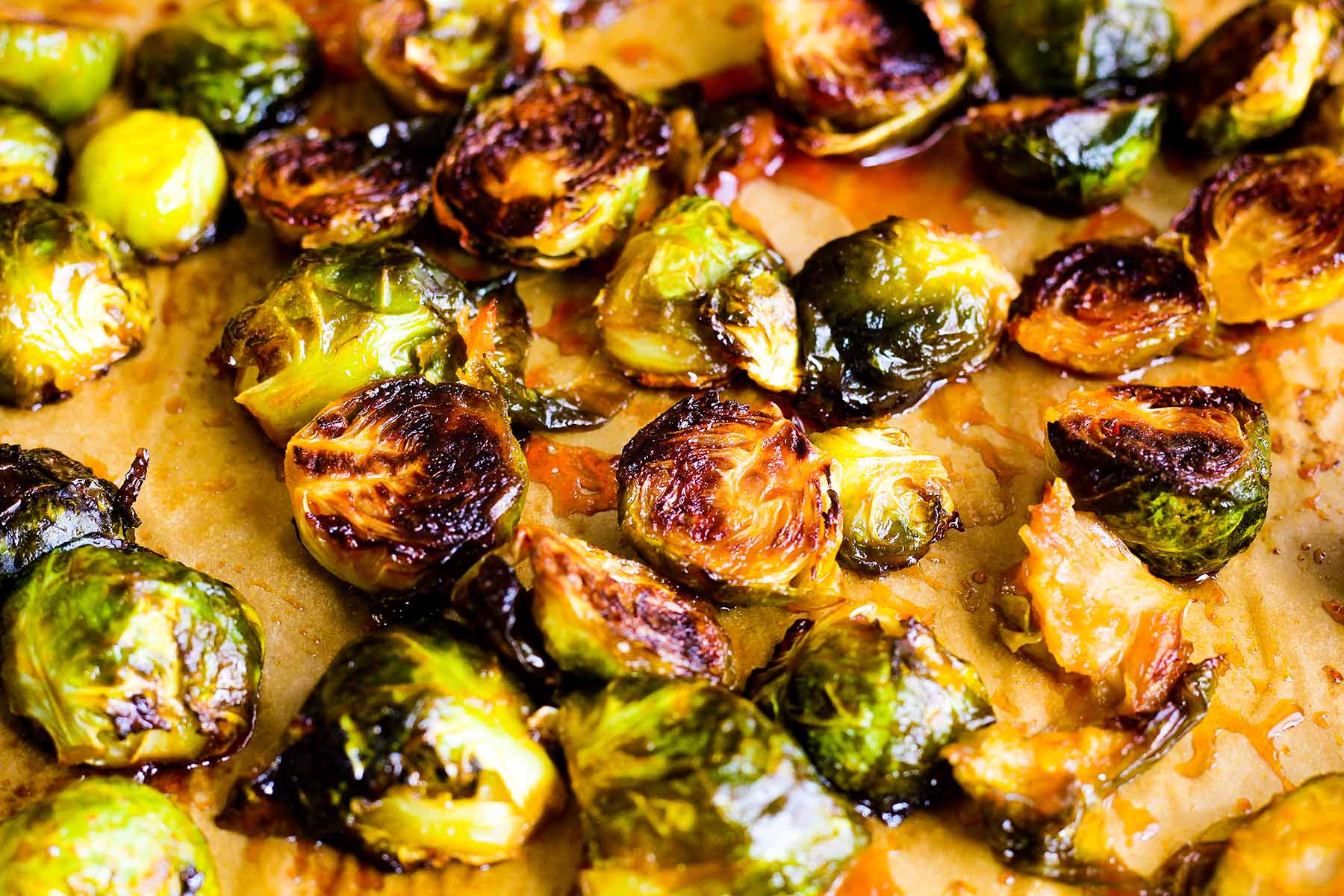 Roasted Brussels sprouts with honey sriracha sauce.