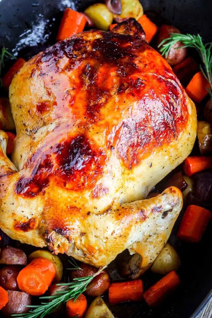 Roasted carrots, potatoes, and onions with a citrus brined whole chicken.