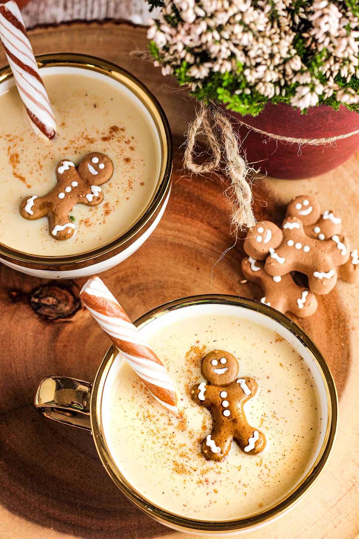Two glasses of gingerbread and candy cane garnished Baileys Irish cream eggnog next to plant and stack of gingerbread men.