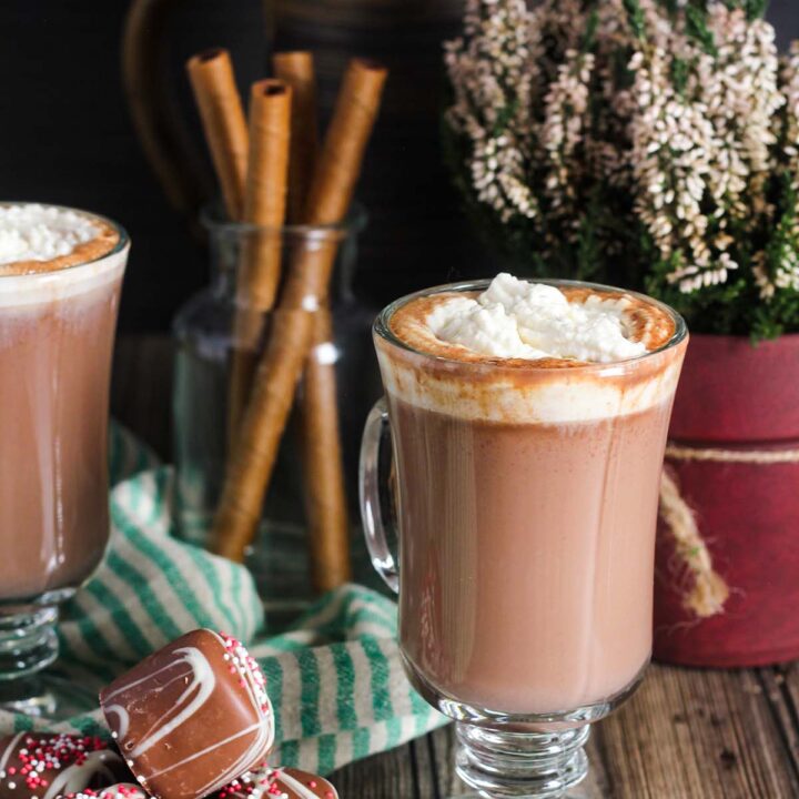 Two glasses of spiked hot chocolate near rolled cookies, a pitcher, and a plant.