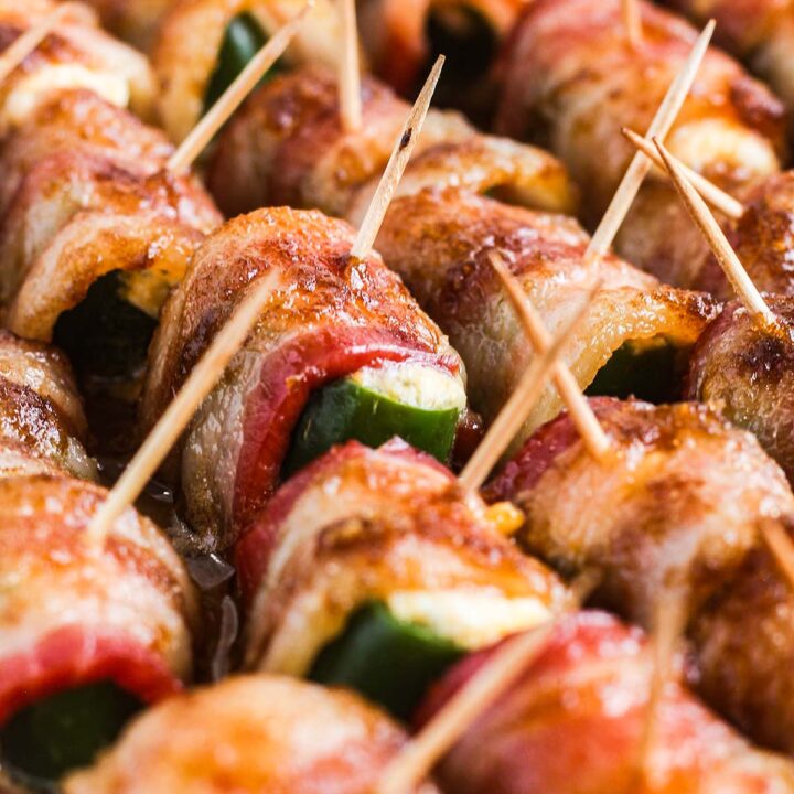 Close up of sweet and spicy jalapeno poppers with toothpicks