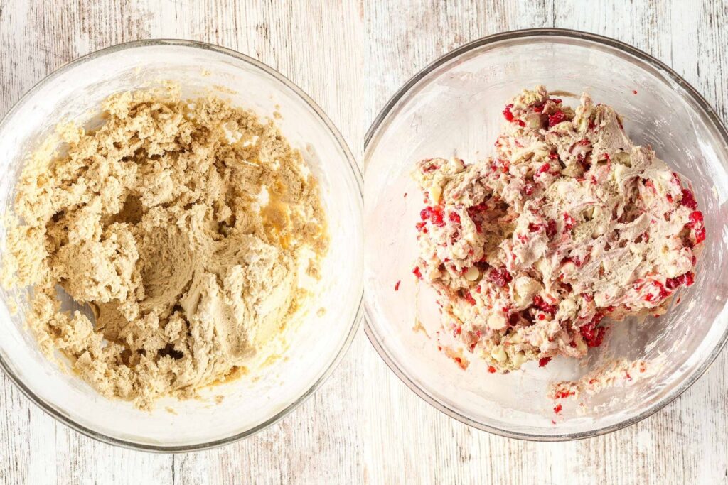 Cookie batter in a bowl before and after addition of raspberries and white chocolate chips.