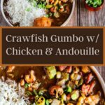 Pinterest graphic for crawfish and sausage gumbo.