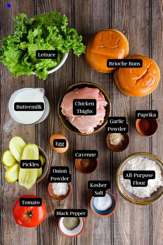 Ingredients for crispy buttermilk chicken sandwich (see recipe card).