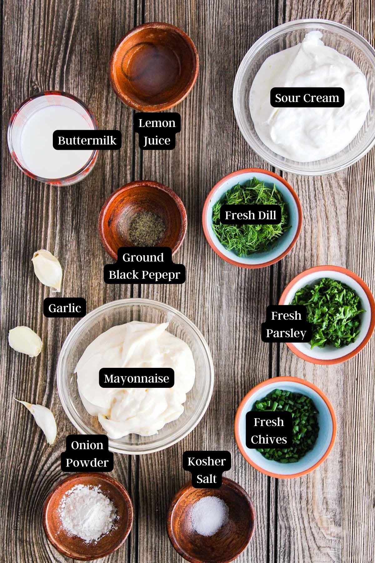 Ingredients for garlic ranch dressing (see recipe card).