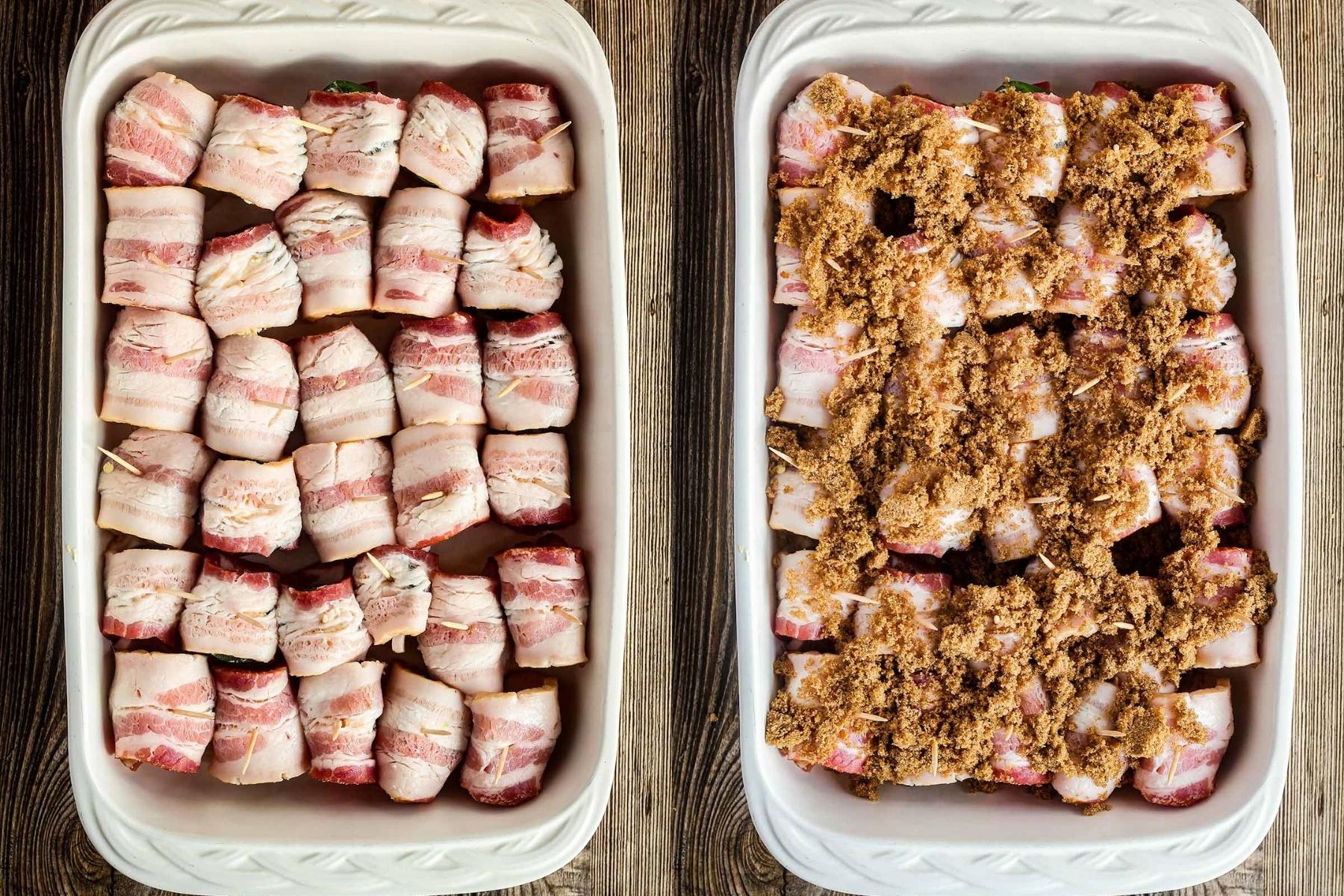 Jalapeno poppers wrapped in bacon in a baking dish before and after addition of brown sugar.