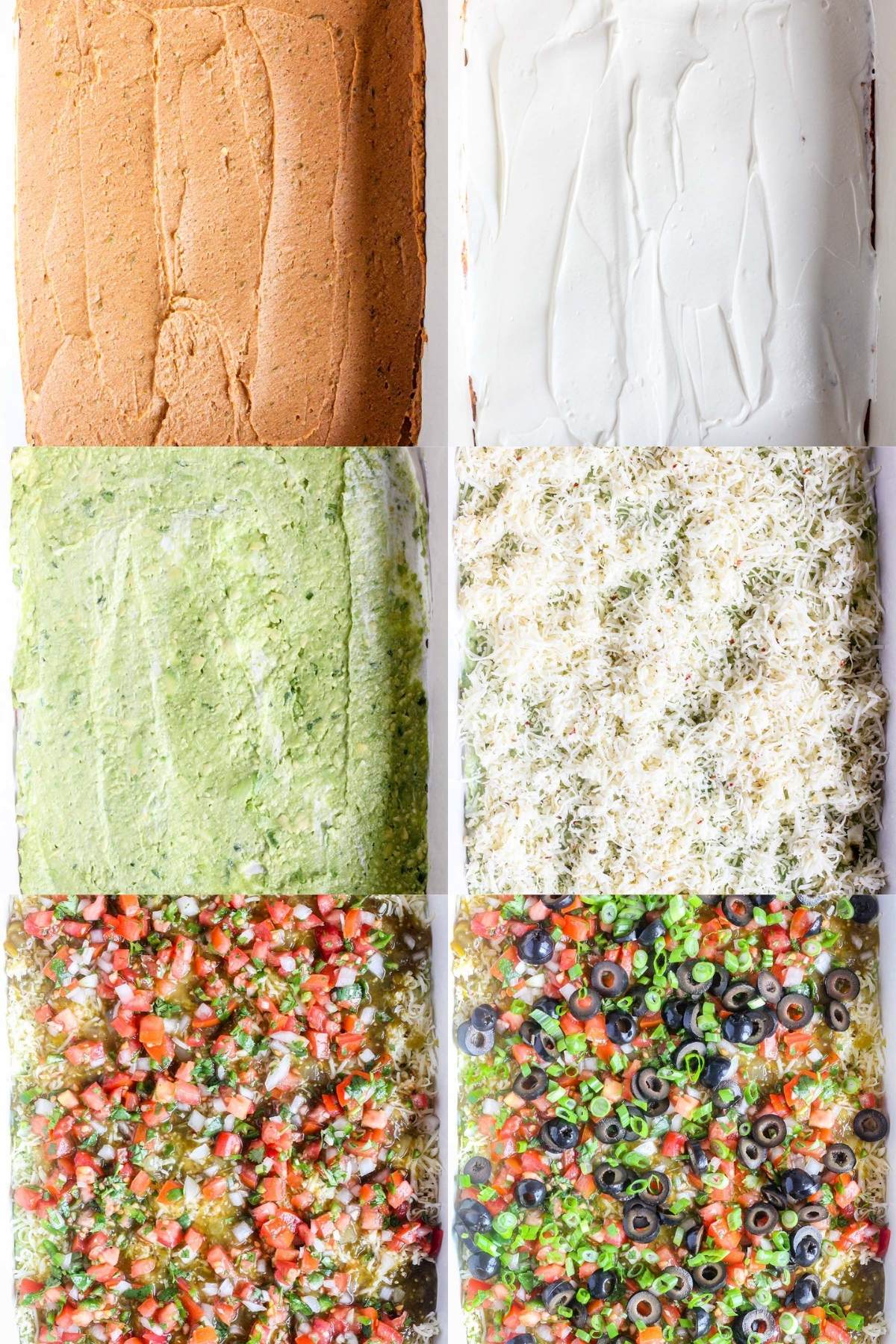Photo collage of different layers of dip: beans, sour cream, guacamole, cheese, pico and salsa, green onions and black olives.