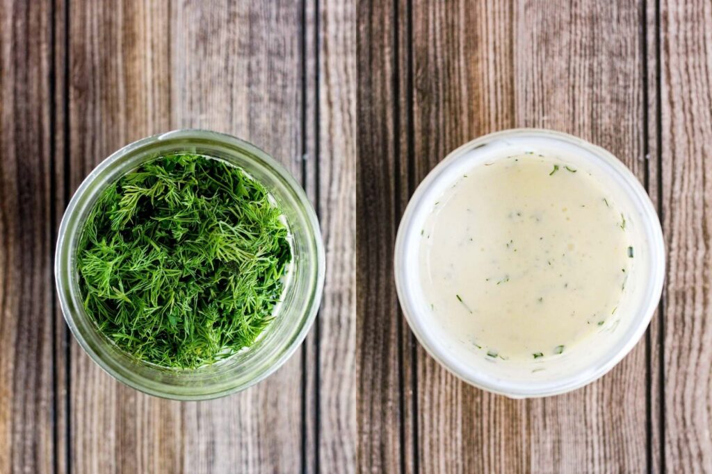 Side by side shot of ranch before and after mixing in the herbs.