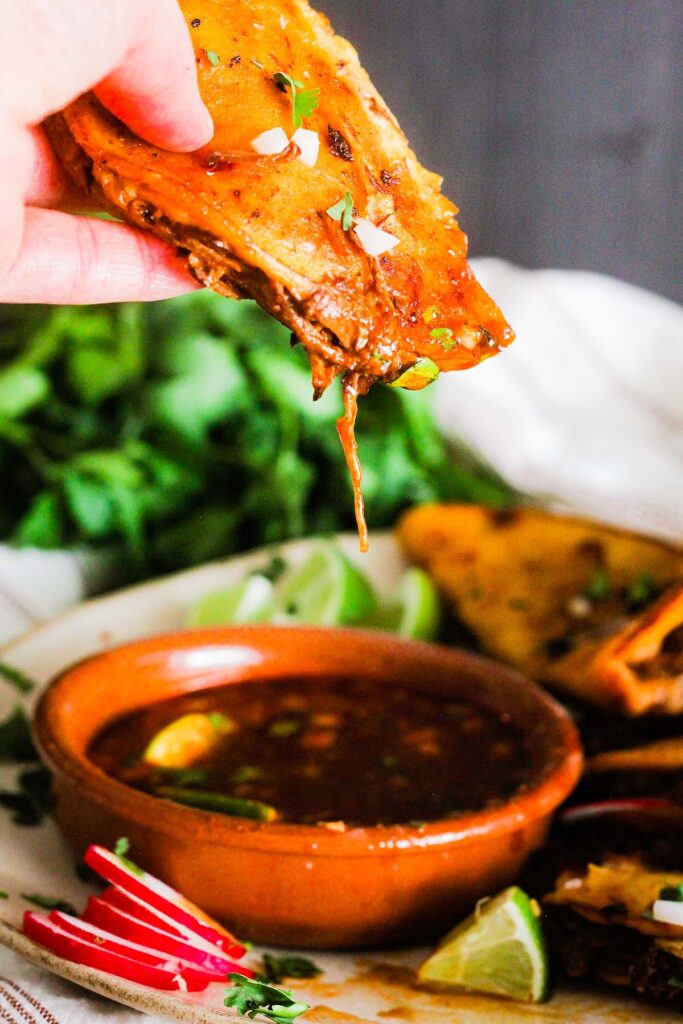 A taco dipping in consomé being held above a bowl with cilantro in background.
