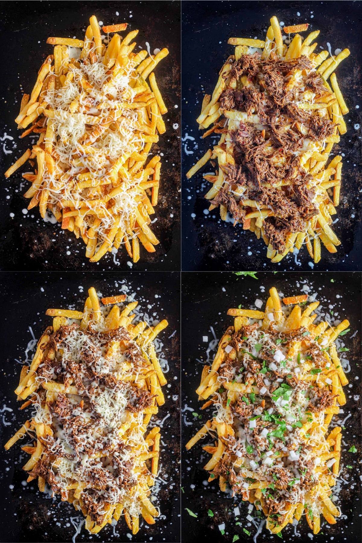 Assembly of birria fries in four stages: with cheese, with birria, more cheese, and topped with onion and cilantro.