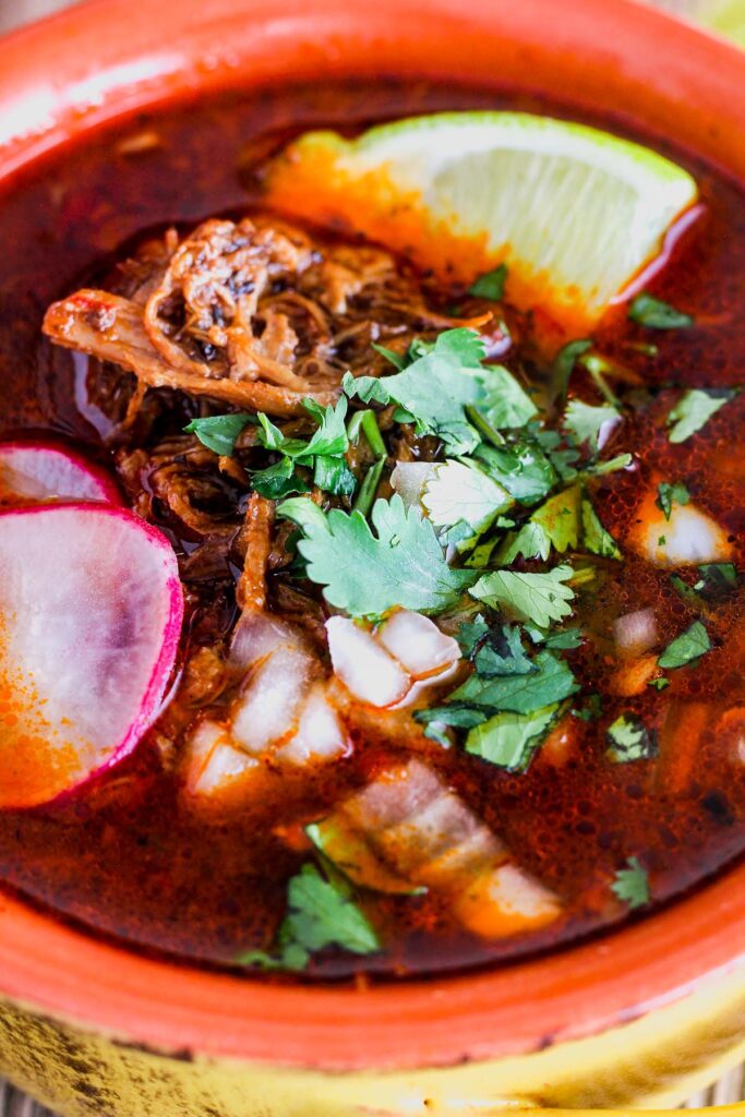 Close up of beef birria Mexican stew garnished with onion, cilantro, and sliced radishes.