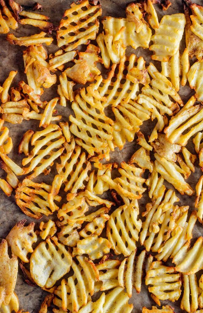 Cooked waffle fries.