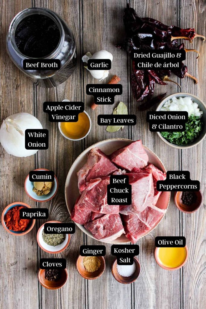 Ingredients for beef birria stew (see recipe card).