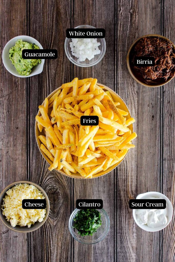Ingredients for birria fries (see recipe card).