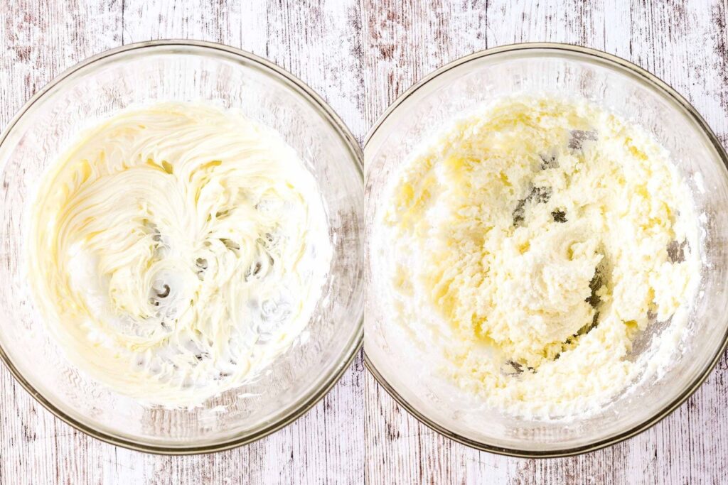 Side by side shot of creamed butter and creamed butter and sugar.