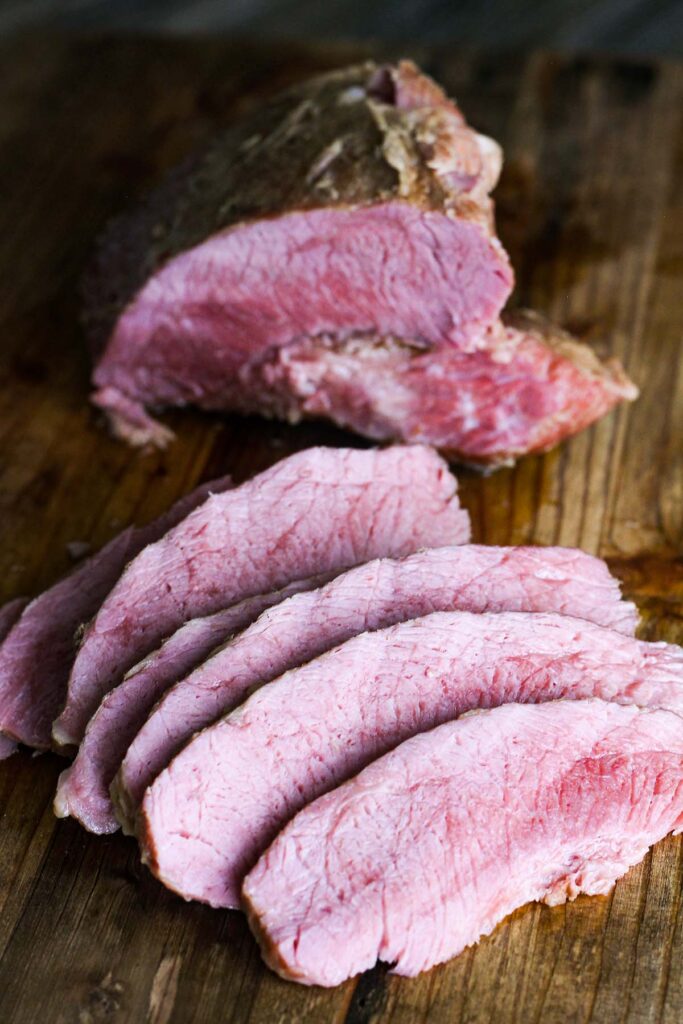 Close up of sliced corned beef.