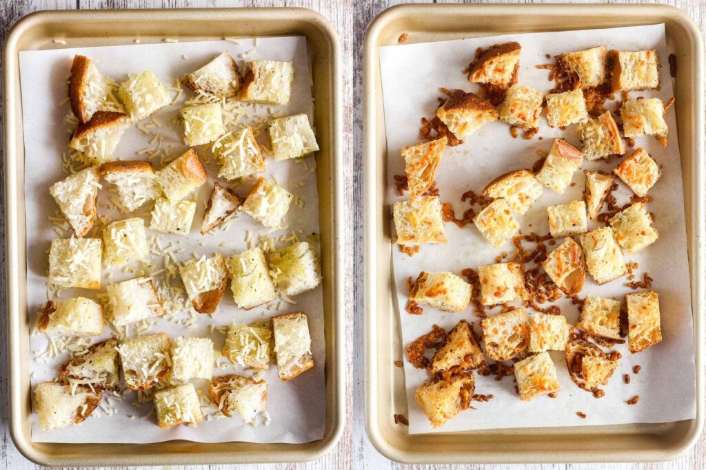 Croutons on a baking sheet before and after baking.