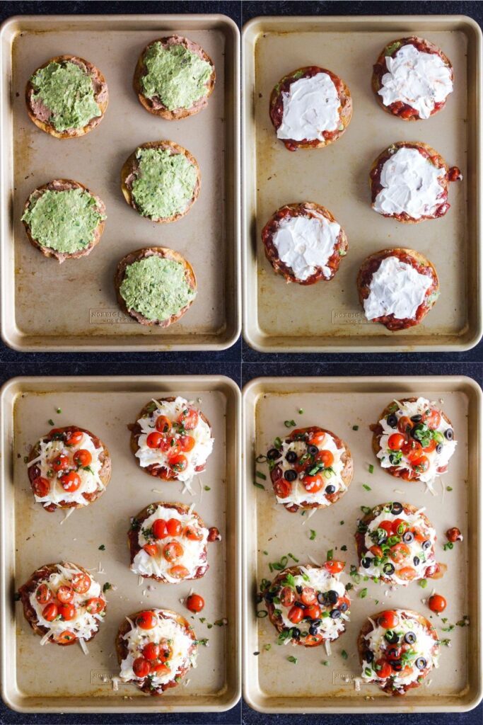 Four stages of 7 layer tostadas on a sheet pan.