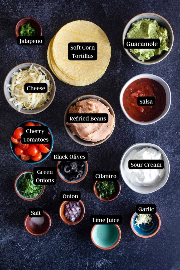Ingredients for 7 layer tostadas (see recipe card).