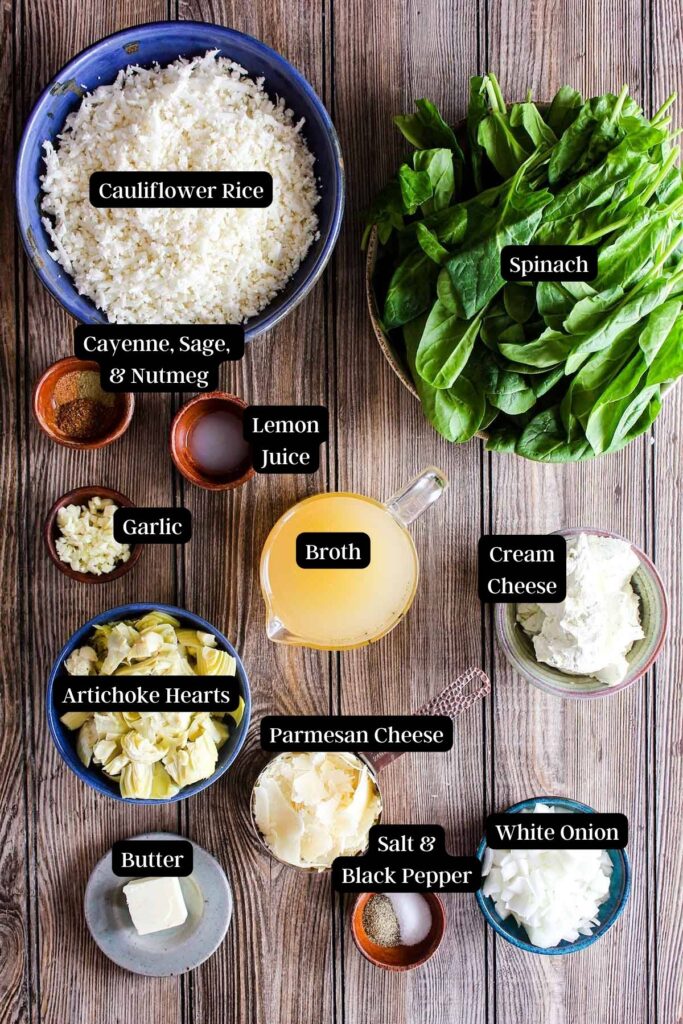 Ingredients for Cauliflower Rice Spinach Artichoke Casserole (see recipe card).