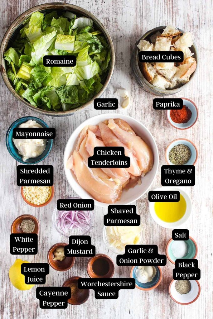 Ingredients for blackened chicken Caesar salad (see recipe card).