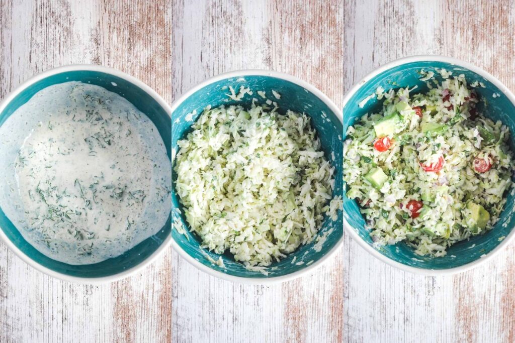 Three stages of slaw assembly: sauce, sauce with cabbage, finished slaw.