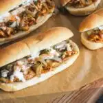 Pinterest graphic for buffalo chicken cheesesteak.