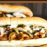 Pinterest graphic for buffalo chicken cheesesteak.